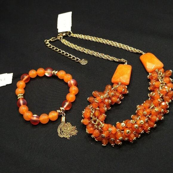 Talbots Orange Beaded Necklace Bracelet Set, Two Gemstone Beads on Necklace, NWT - Picture 2 of 8